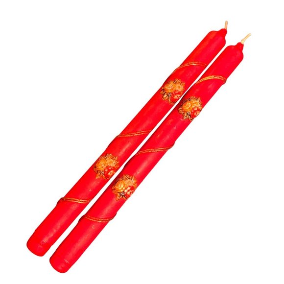 Vtg Zierkerze Christmas Candles Farbe Made in Germany Red Gold Floral - Picture 2 of 5